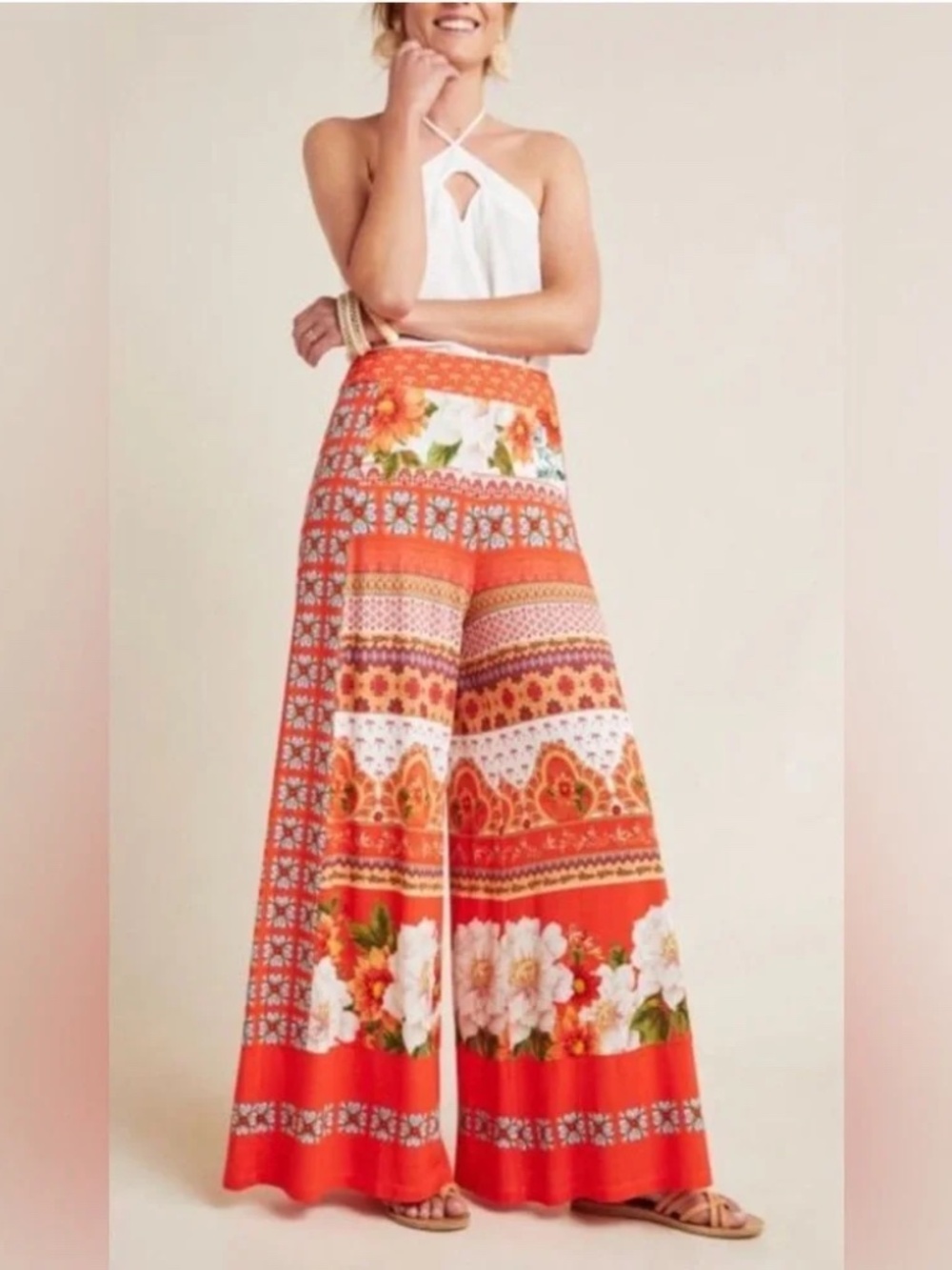 FARM Rio for Anthropologie Tropical Floral Wide Leg Pants Coral Pink M